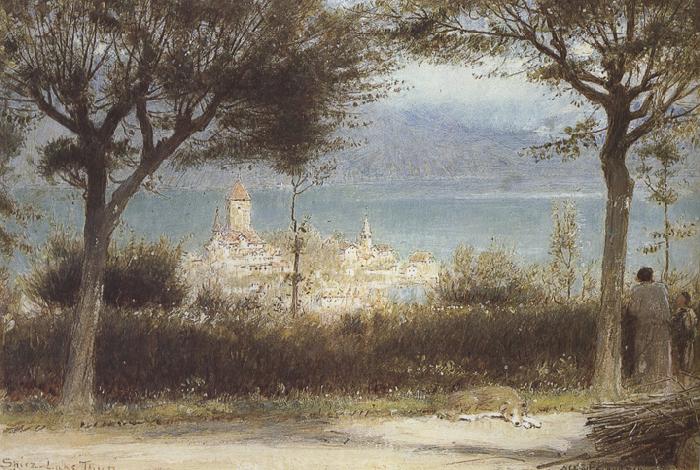 Albert goodwin,r.w.s The Town of Spiez on Lake Thun,Switzerland (mk37) France oil painting art